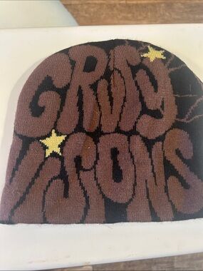 Kids Brown Knit Beanie with Bold 'CHAOS' Graphic and Yellow Star